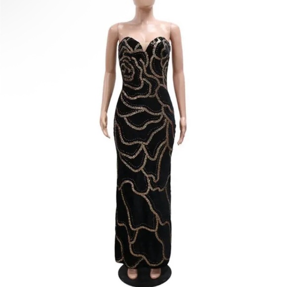 Dresses & Skirts - Strapless Black Evening Gown with Rose Gold Embellishment